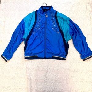 Retro embroidered Women’s Windbreaker Jacket Medium – Bold Blue Colorblock